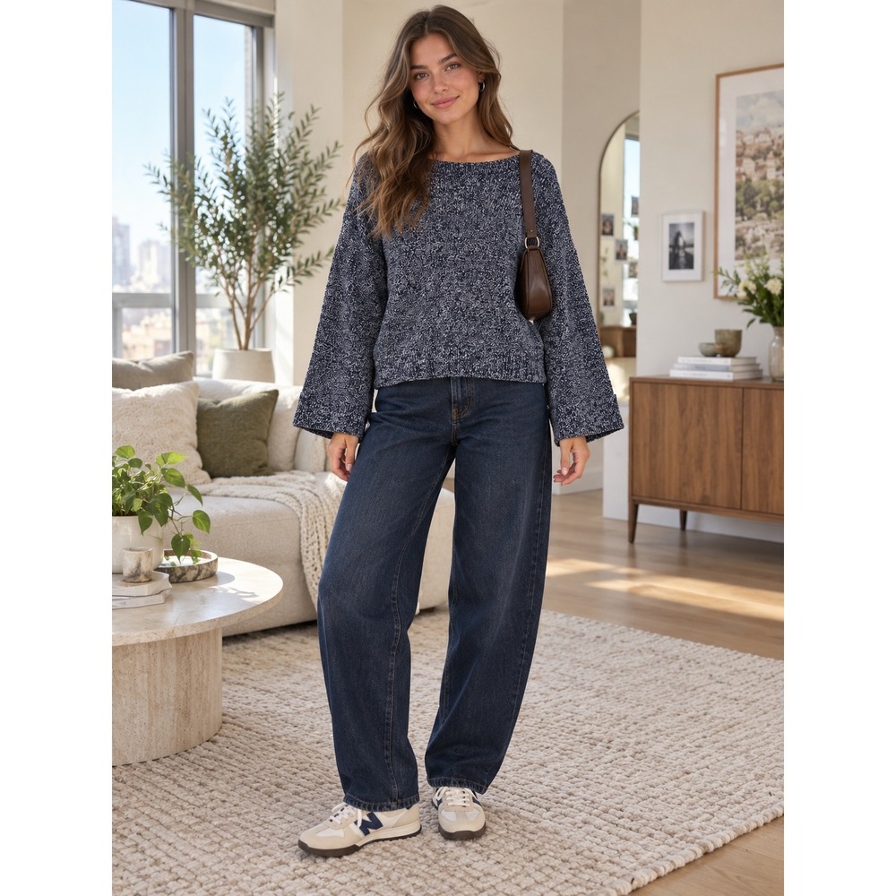 Loft Navy White Marled Shaker Knit Boat Neck Relaxed Sweater Large Q137